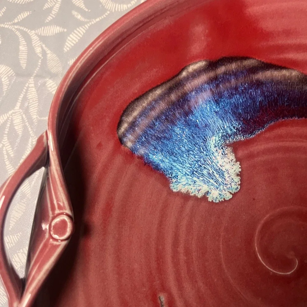 Handmade‎ Studio Pottery Red Glazed Serving Platter with Handles Blue Drip 12